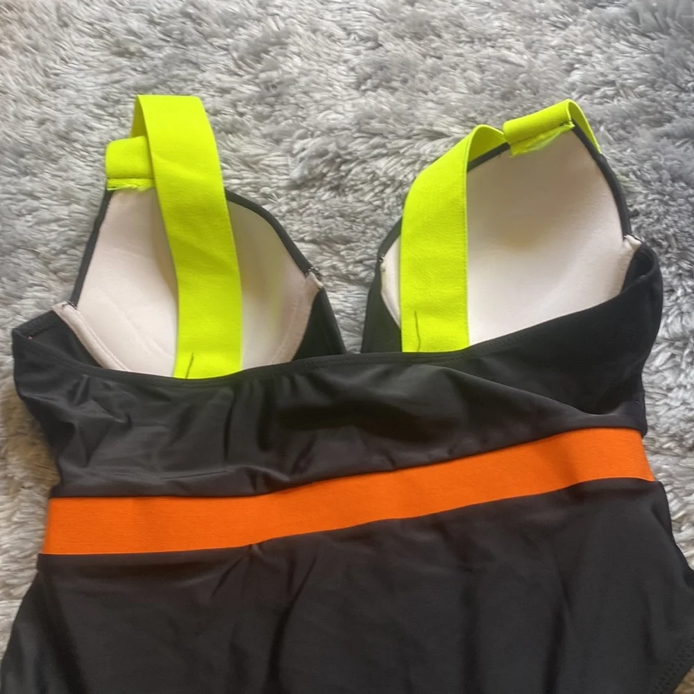 Shein Black Orange Neon Green Strap Swimsuit Size Large Excellent Condition - Picture 6 of 10